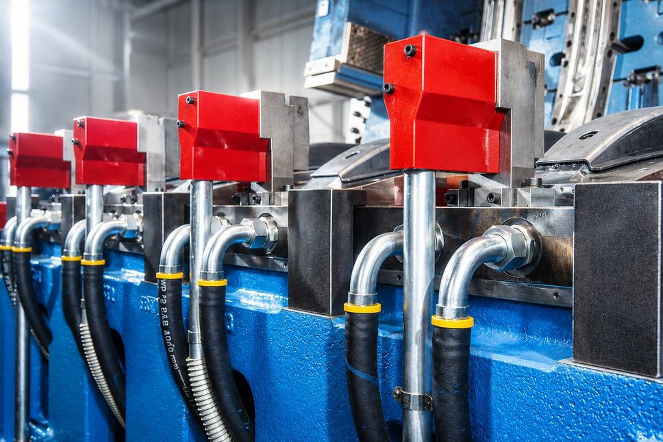 Detailaufnahme eines blauen Warmumformwerkzeuges zur Produktion von vierfachfallenden Stoßfängern von weba Werkzeugbau 