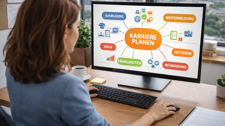 Frau sitzt am Schreibtisch im Büro und arbeitet am Computer an einer Mindmap zur Karriereplanung mit Themen wie Ausbildung, Ziele, Netzwerk und Fähigkeiten