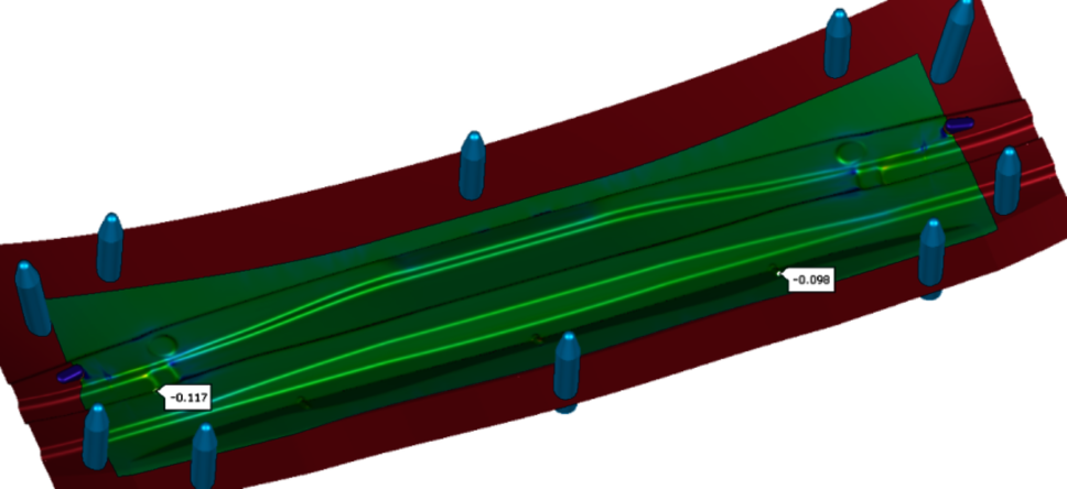 Digital sheet metal forming simulation of a side impact beam for the validation of the forming methodology. The simulation visualizes material flow, stress distribution, and critical areas for optimized component manufacturing.