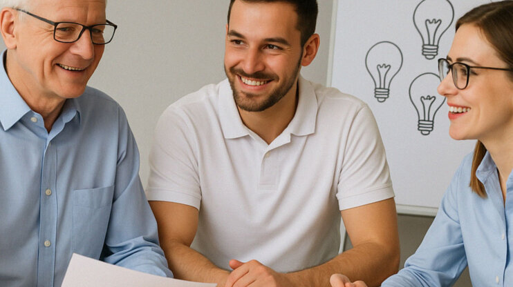 Three employees sit around a table discussing, with a flipchart in the background showing “Idea Exchange” and light bulb sketches.