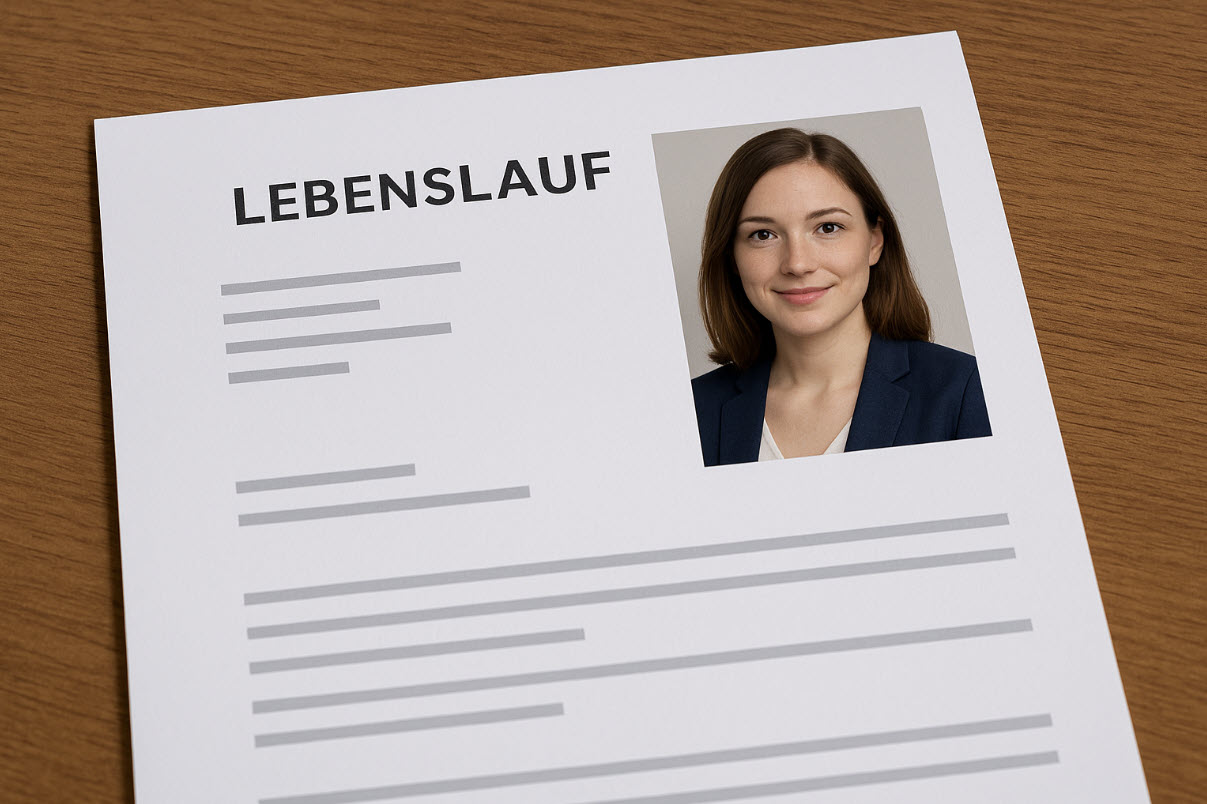 Lebenslauf auf einem Holztisch mit professionell eingefügtem Bewerbungsfoto einer jungen Frau im Blazer oben rechts auf dem Dokument.