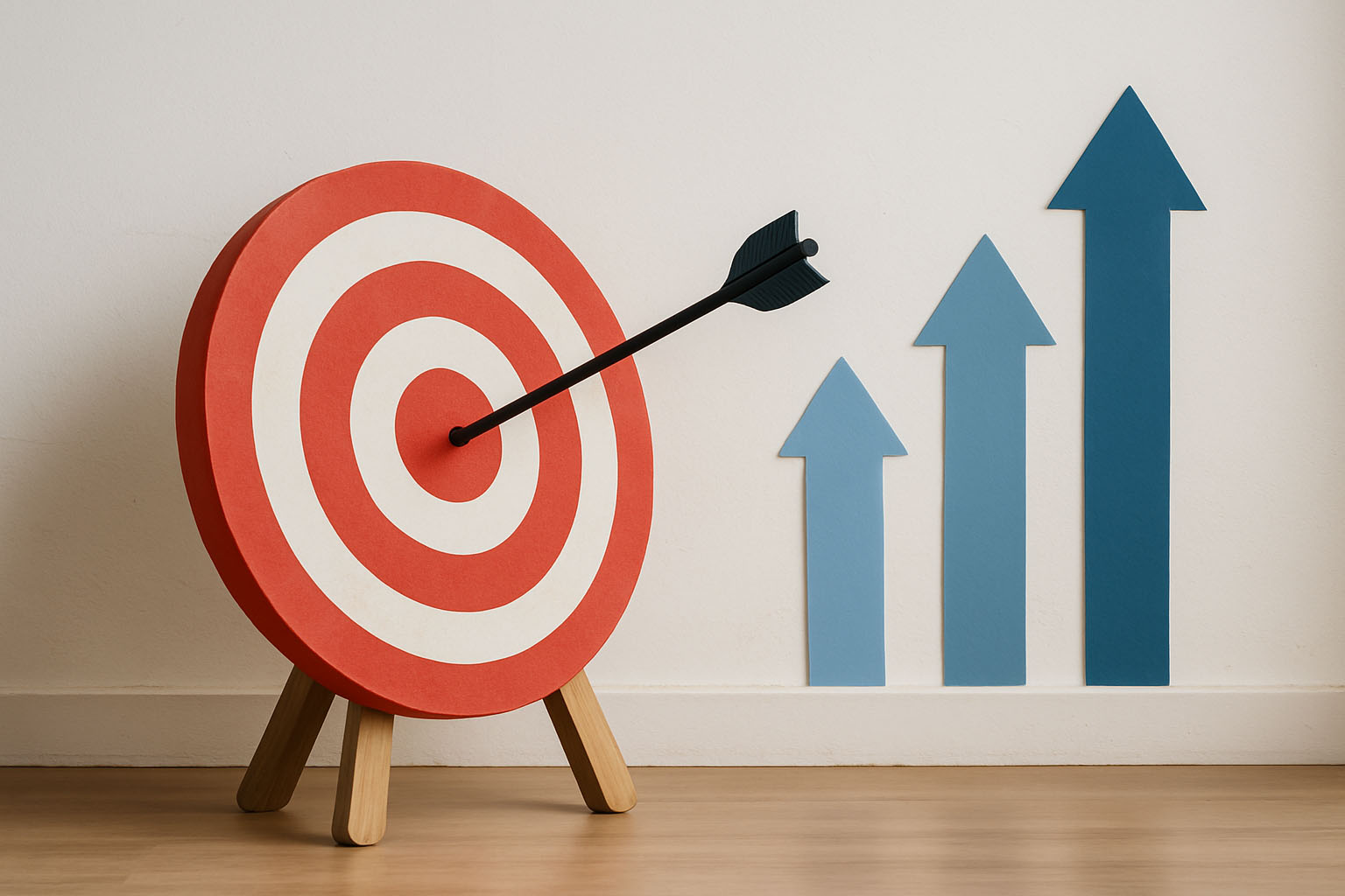 A wooden target with an arrow hitting the bullseye, accompanied by rising blue arrows symbolizing goal achievement and growth.